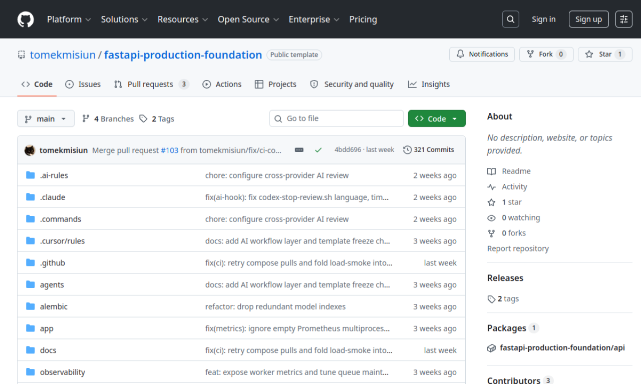 README FastAPI Production Foundation — 374 testy, coverage 85%