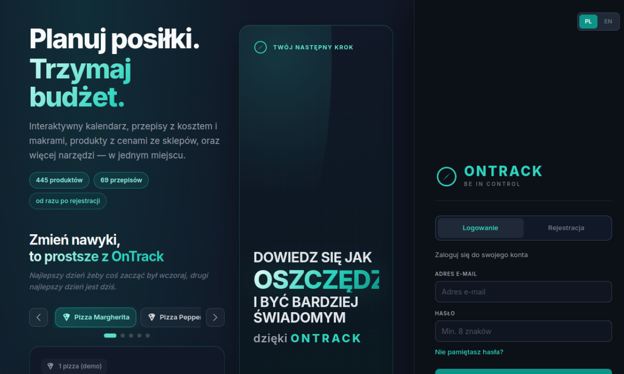 Zrzut ekranu aplikacji OnTrack — kalendarz posiłków